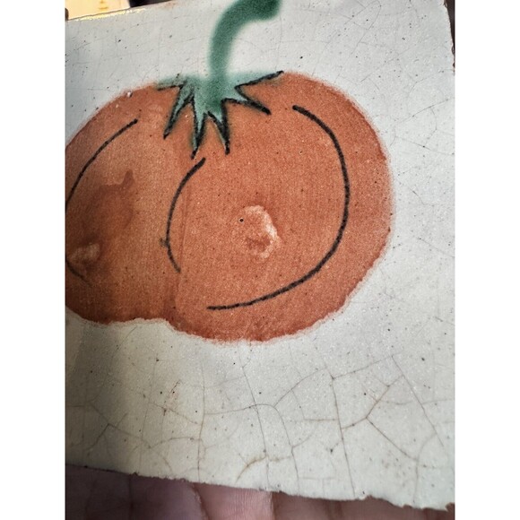 2 antique tile handpainted tiles Pumpkin Pitcher Kitchen Decor 4”x4” - Picture 13 of 15